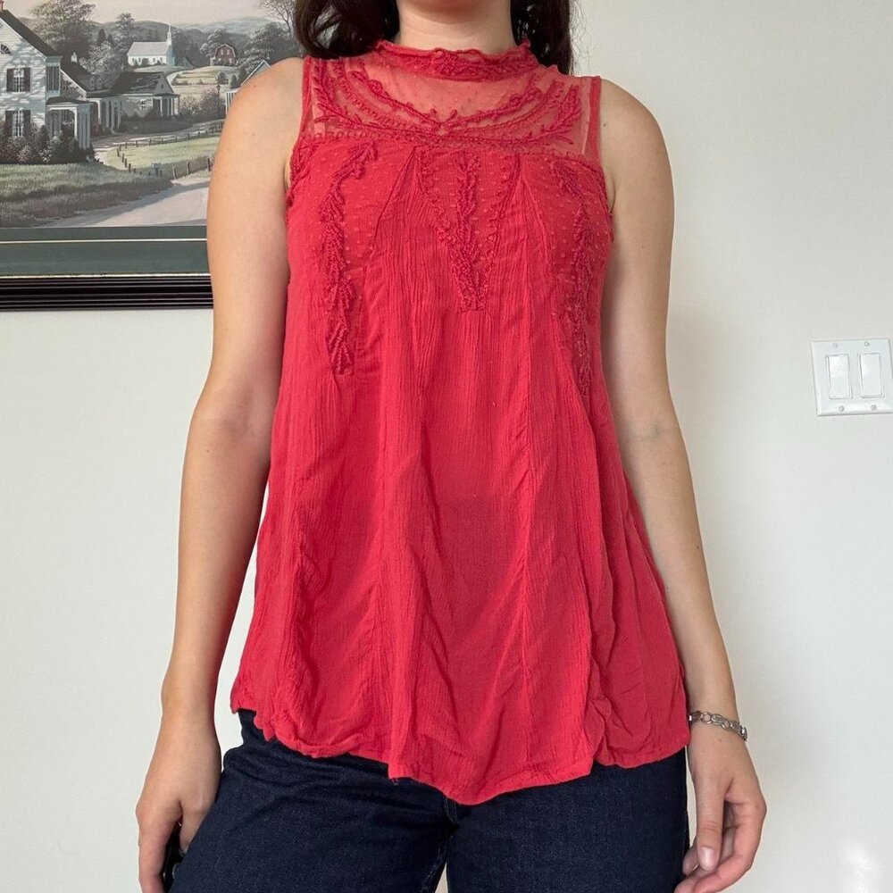 Boho Loose Flowy Red Lace Top
